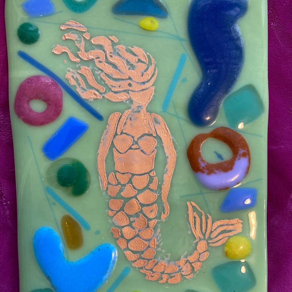 Handmade Hanging Art GlassPlaque Mermaid Design on Mint Green Glass 7”x5”